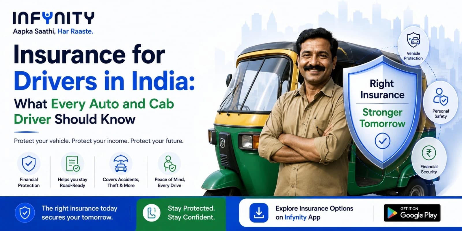 An auto driver beside icons for motor, health and personal accident insurance, next to the Infynity app showing insurance and driver services.