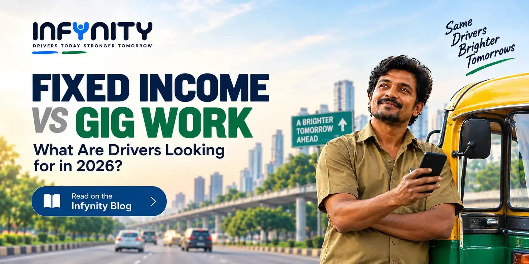 A Bengaluru auto driver checking daily earnings on a phone, beside the Infynity app showing verified jobs, cost savings and insurance.